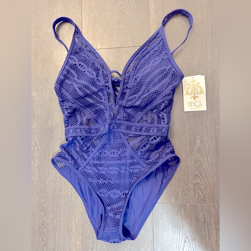 BECCA COLORPLAY PLUNGE ONE PIECE SWIMSUIT Blue WOMEN'S SMALL 711027 NWT